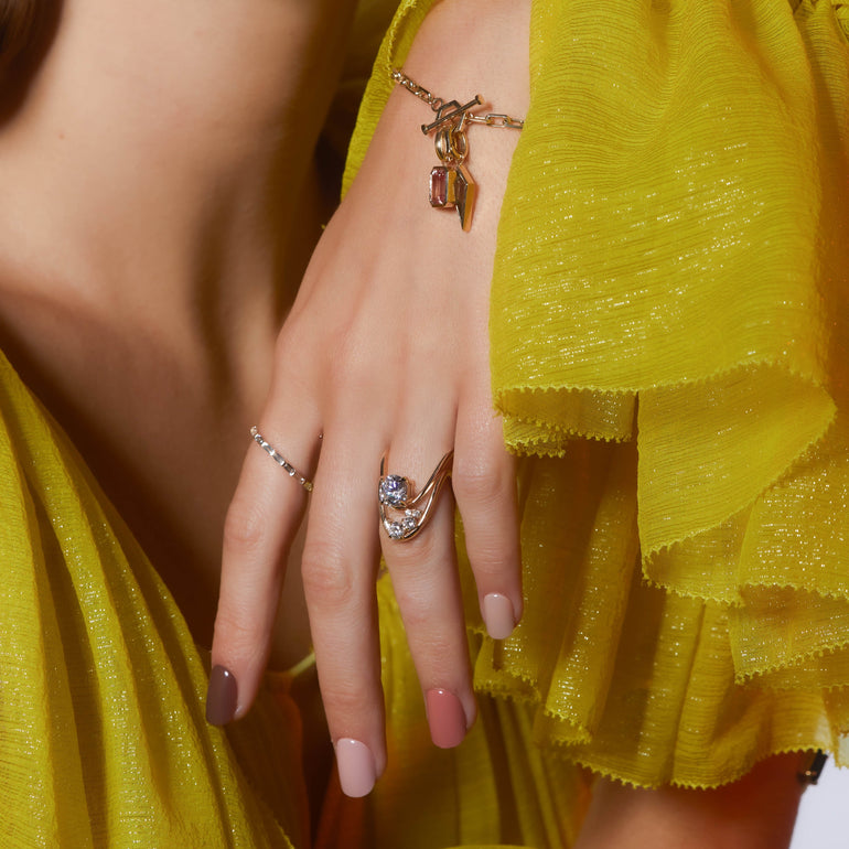 Shahla Karimi Jewelry Zaha Brilliant Deep Curve Ring 14/18K Yellow Gold on Model