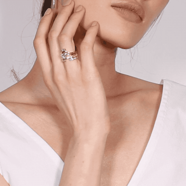 Shahla Karimi Jewelry Diamond Foundry Deco Curved Band with Baguette 14/18K Yellow Gold with White Diamond on Model GIF