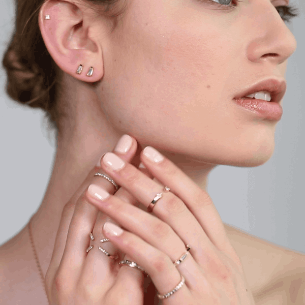 Shahla Karimi Jewelry Freedom Ring with Princess Cut White Diamonds 14/18K Yellow Gold on Model GIF