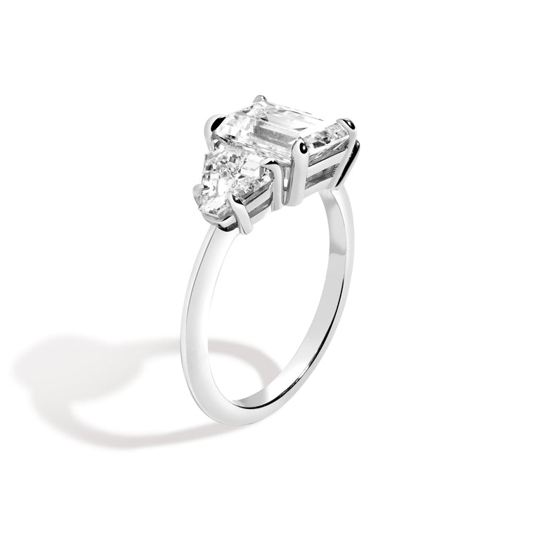 Shahla Karimi Jewelry 3-Stone Emerald + Cut-Corner Triangle Ring in 14K White Gold or Platinum Side View
