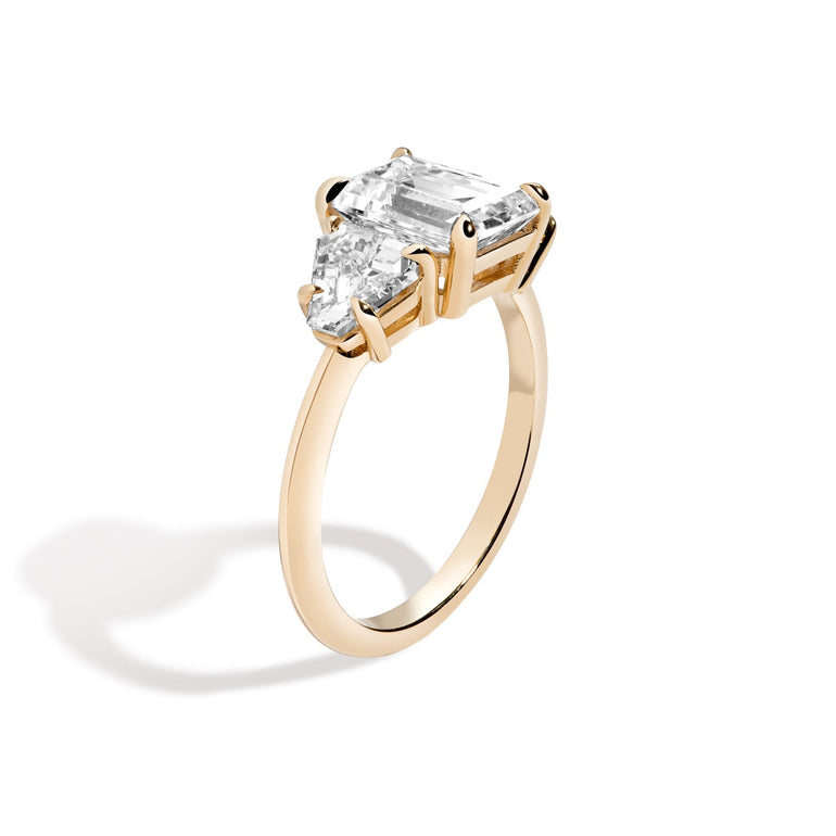 Shahla Karimi Jewelry 3-Stone Emerald + Cut-Corner Triangle Ring in 14/18K Yellow Gold Side View