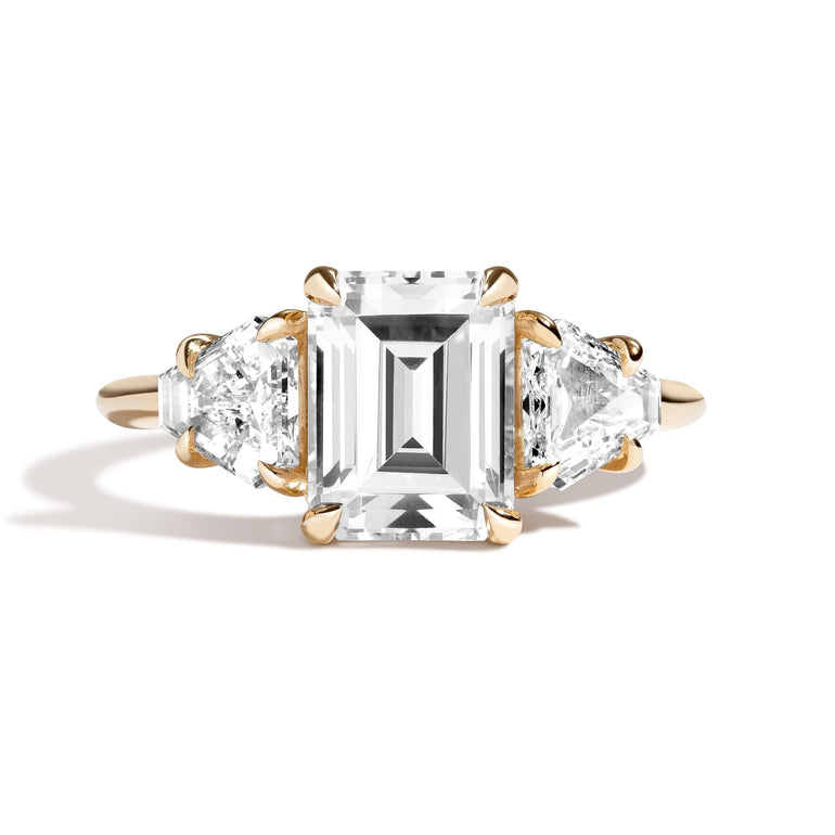 Shahla Karimi Jewelry 3-Stone Emerald + Cut-Corner Triangle Ring in 14/18K Yellow Gold