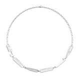 Metal necklace with geometric design on a white background