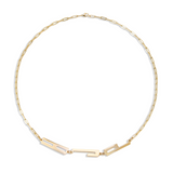 Gold necklace with geometric design on a white background