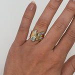Hand wearing a gold and silver ring on a plain background
