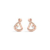 Pair of rose gold earrings with small diamonds on a white background