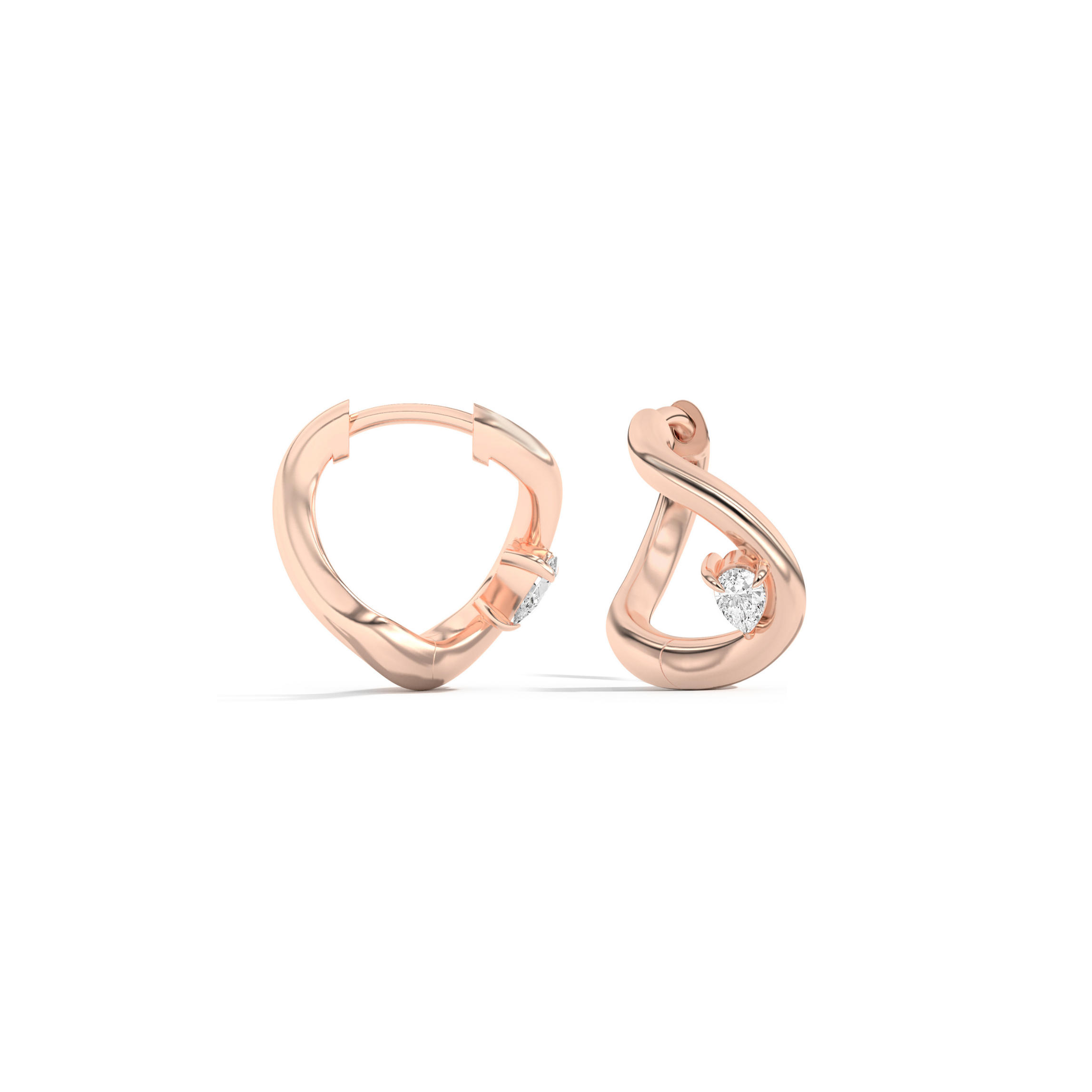Pair of rose gold earrings with small diamonds on a white background