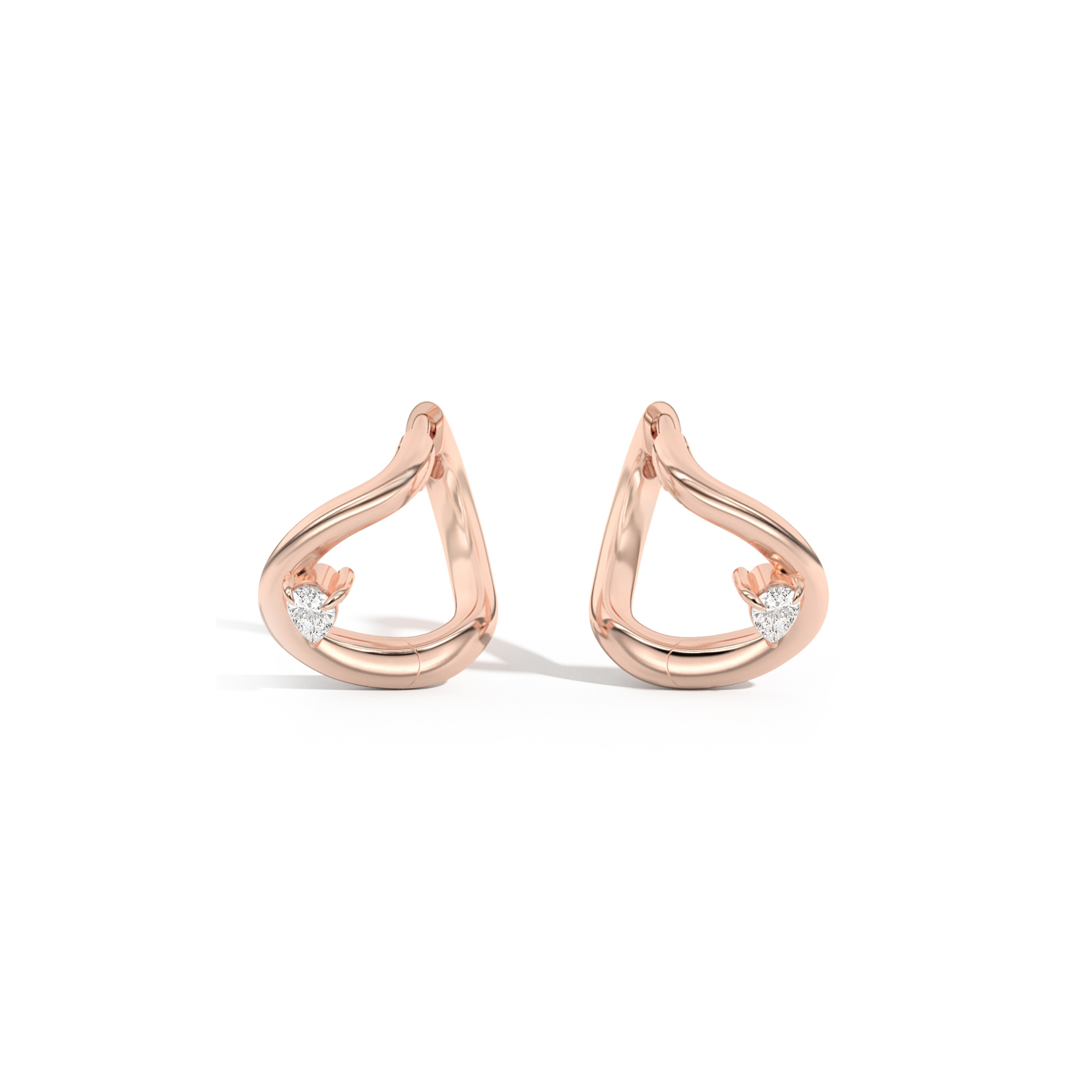Pair of rose gold earrings with small diamonds on a white background