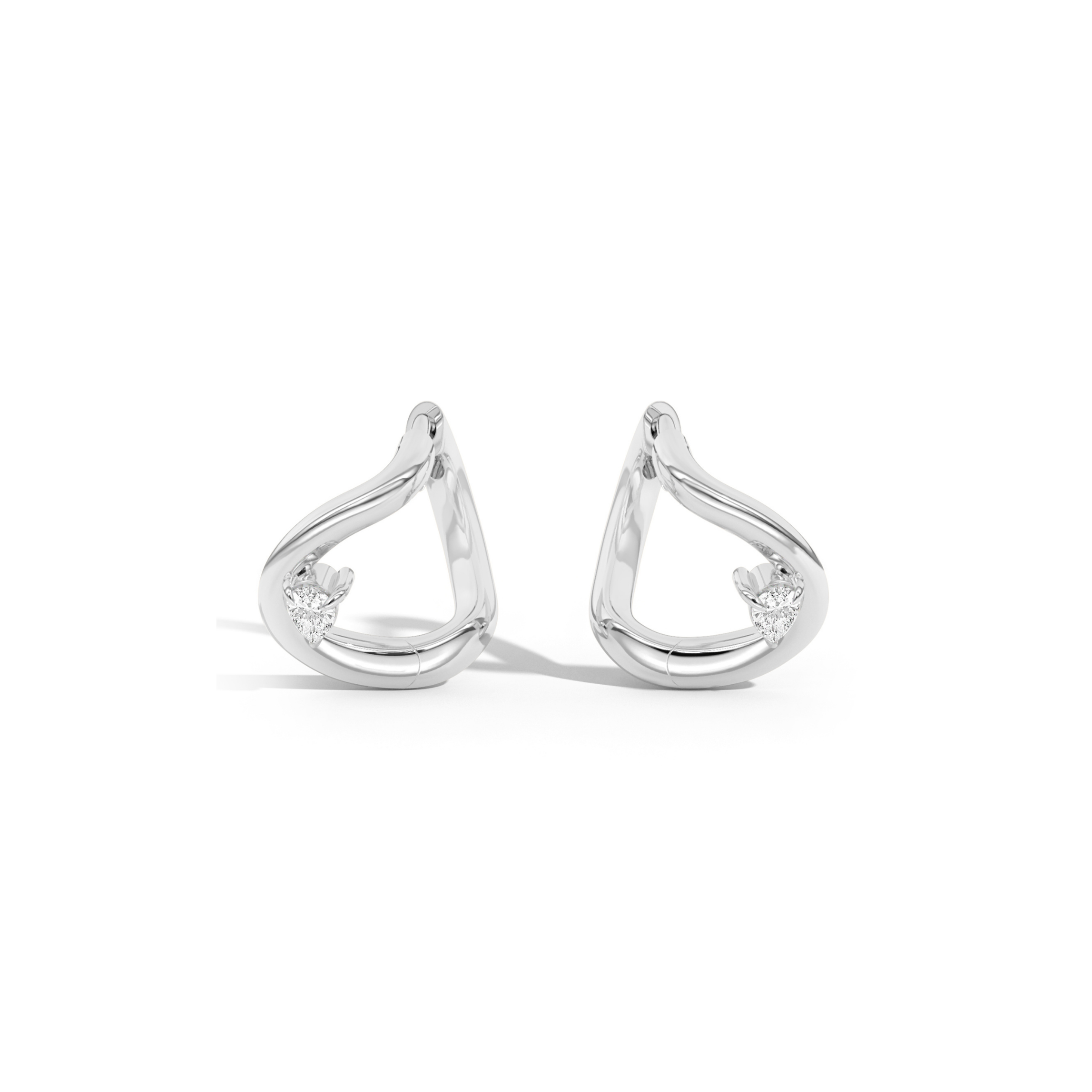 Pair of silver earrings with small diamonds on a white background