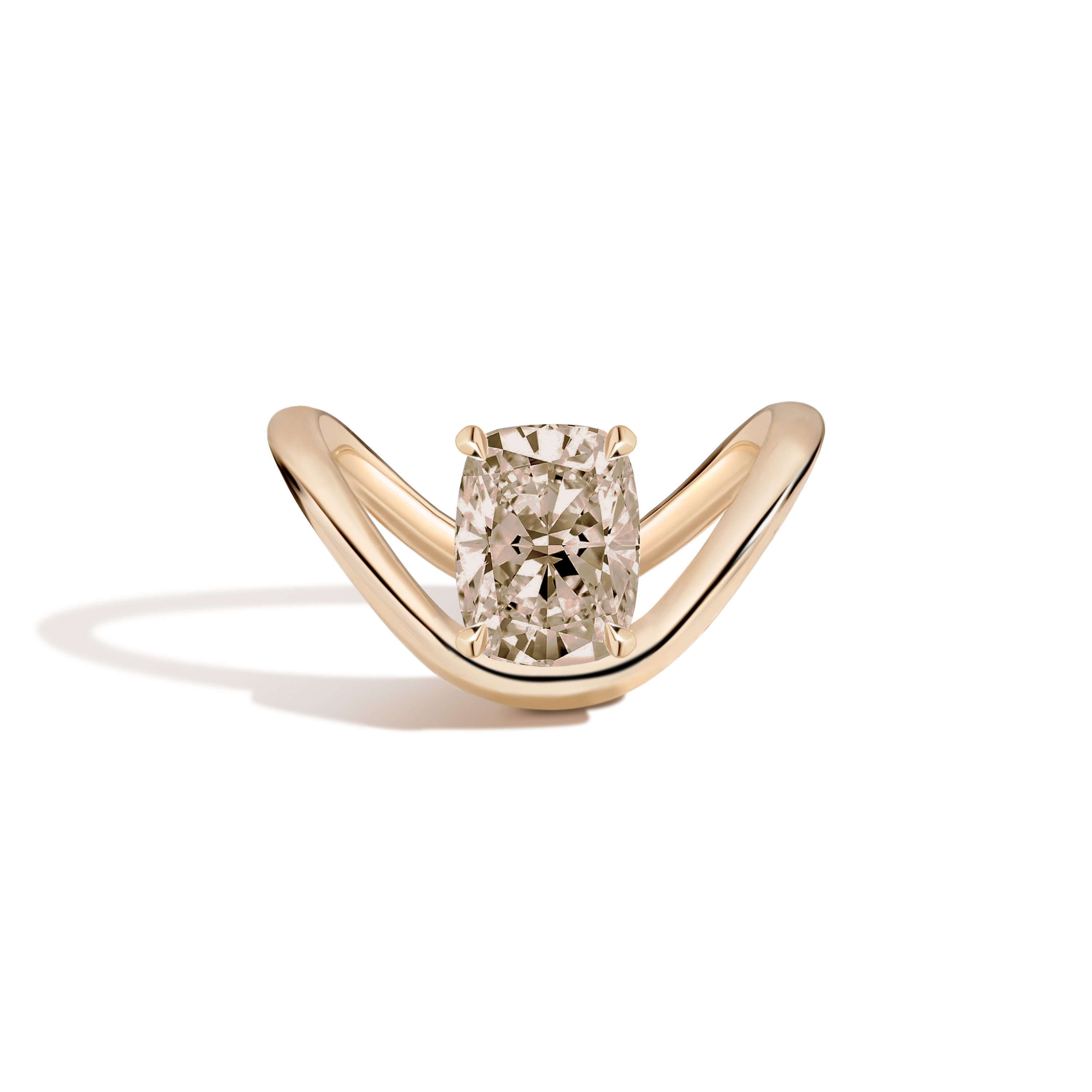 A yellow gold ring featuring a large cushion-cut diamond center stone, set against a clean white background with a soft shadow.