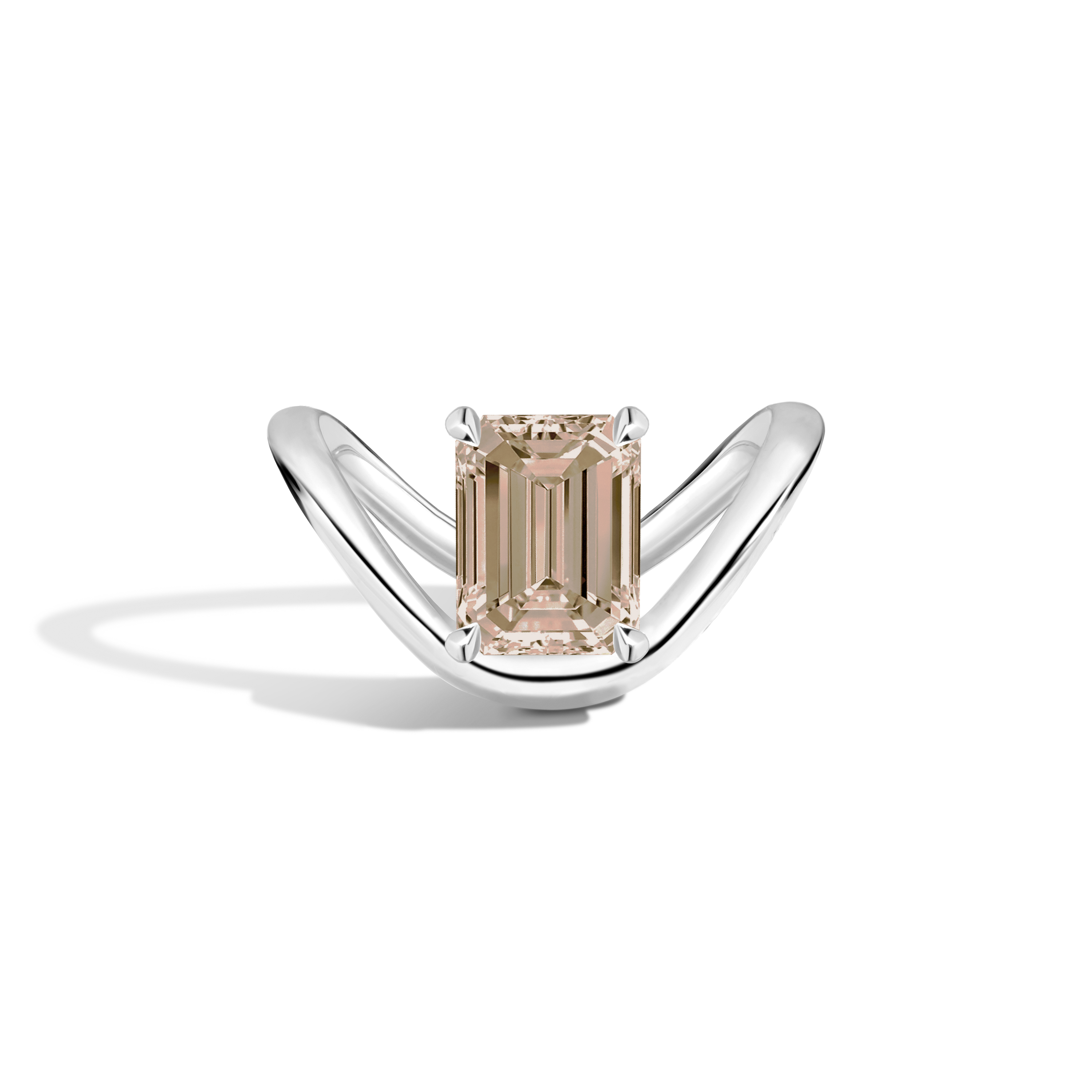 An emerald-cut diamond ring set in a polished silver-tone curved band, displayed on a clean white background with a soft shadow.