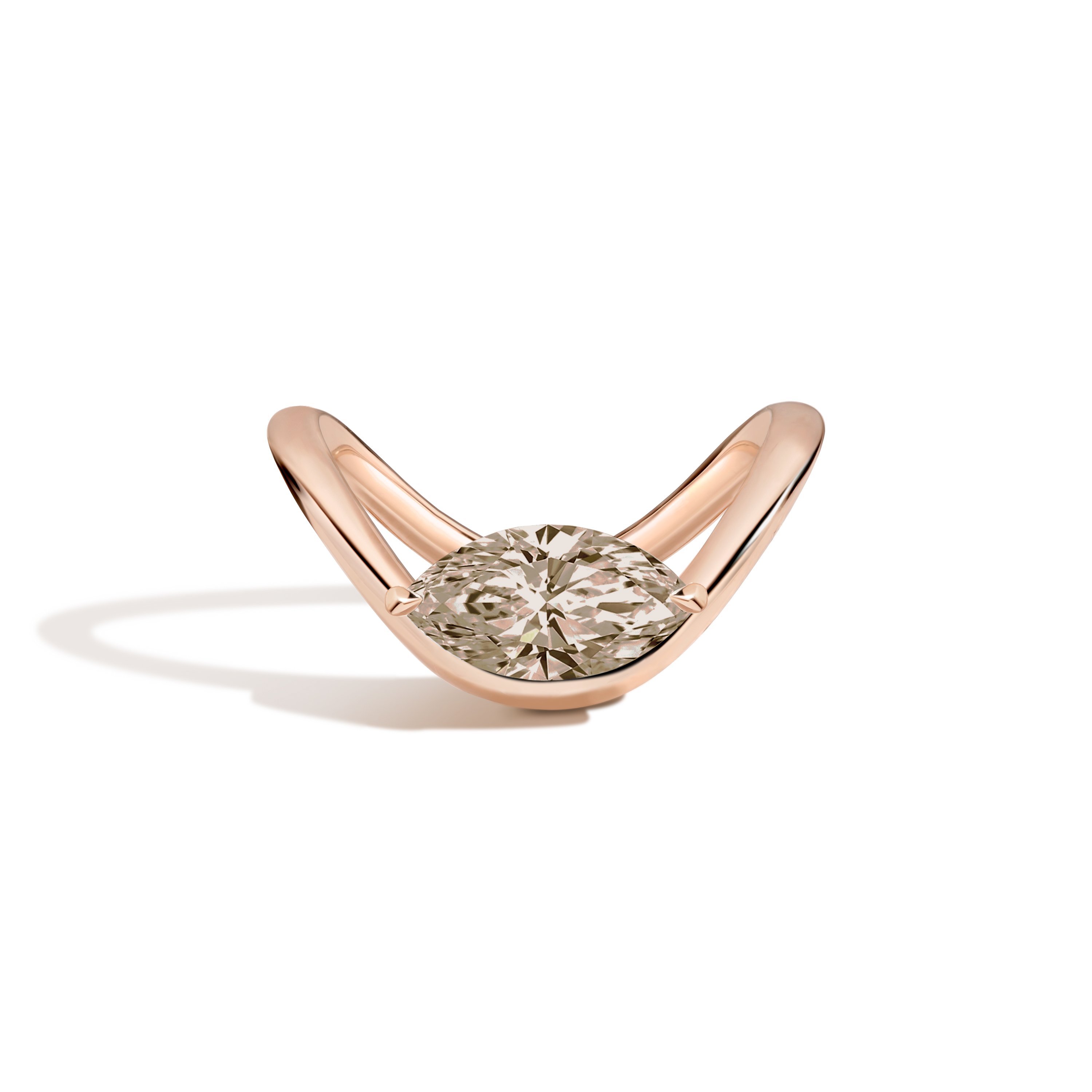 A rose gold ring with a marquise-cut diamond set on a curved band, shown on a clean white background with a soft shadow.