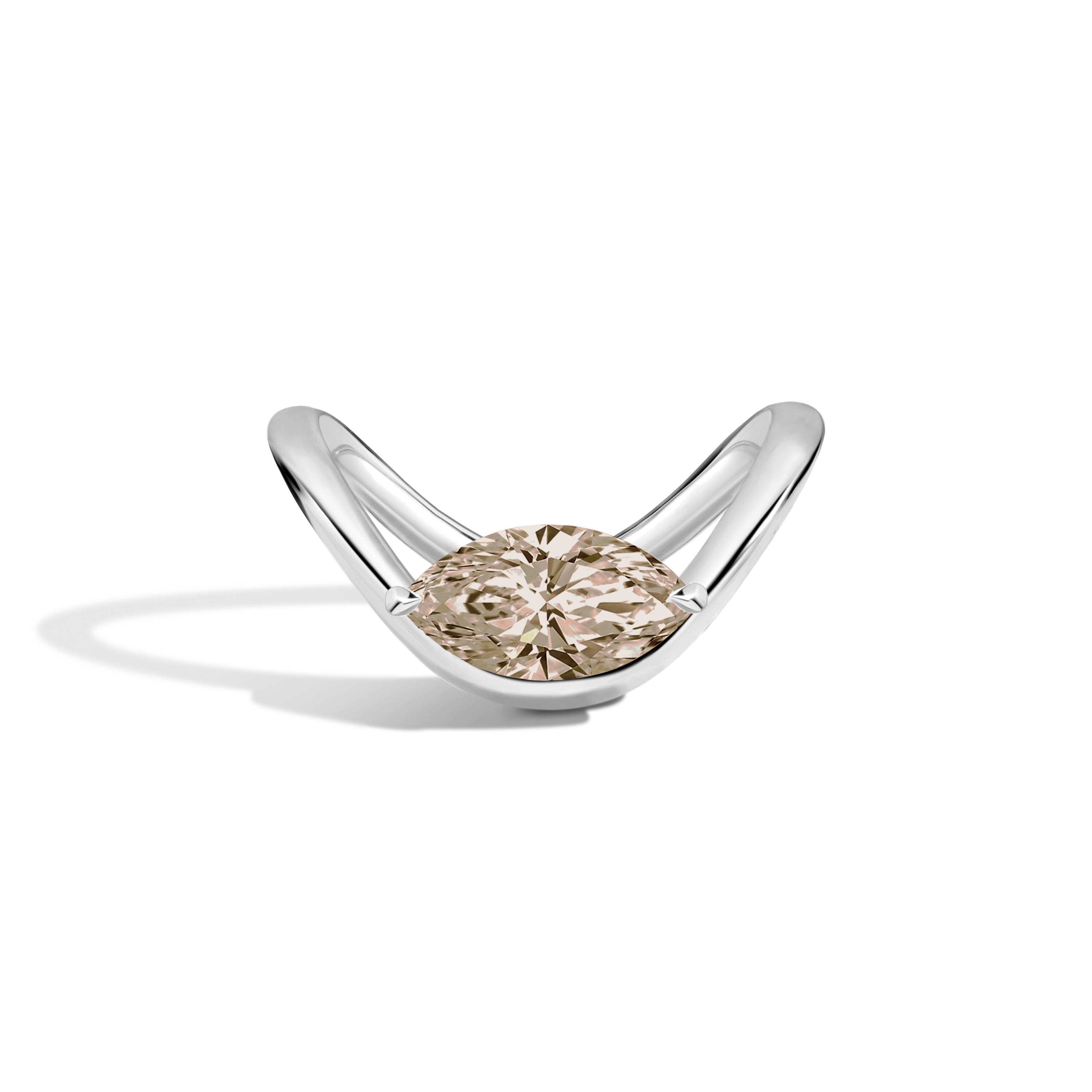 A white gold ring with a marquise-cut diamond set on a curved band, shown on a clean white background with a soft shadow.