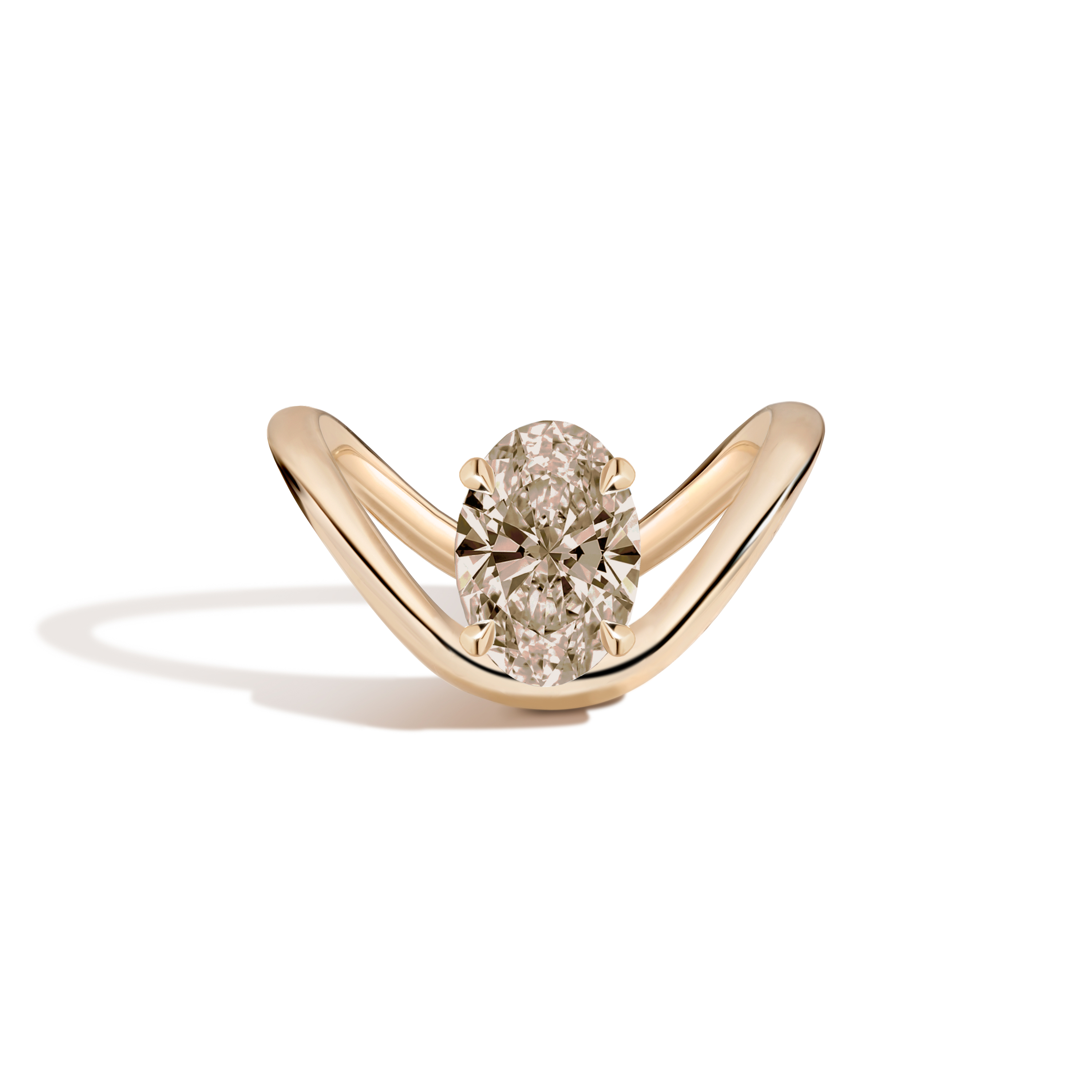 A yellow gold ring with a unique curved band and a central oval diamond, shown on a clean white background with a soft shadow.