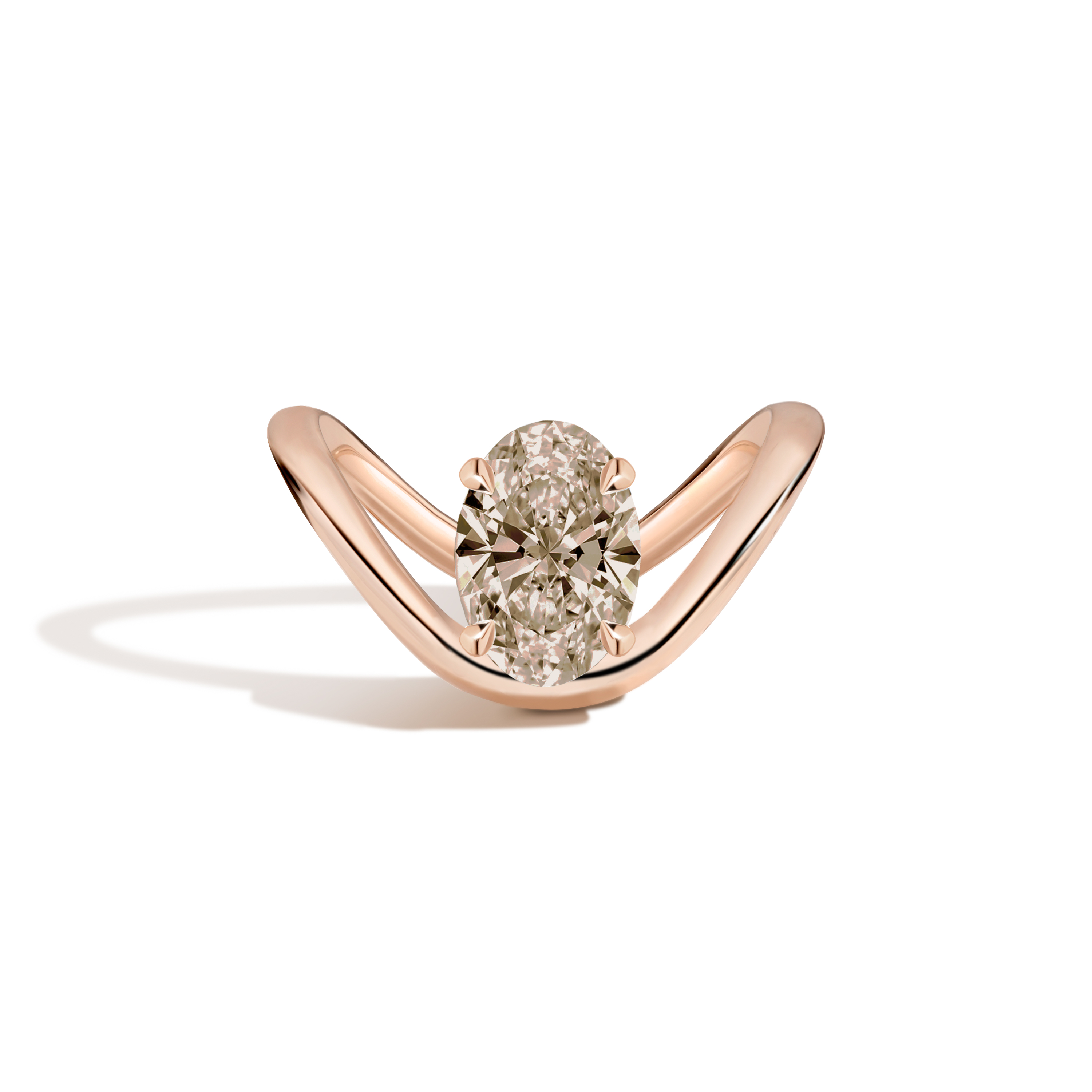 A rose gold ring with a unique curved band and a central oval diamond, shown on a clean white background with a soft shadow.