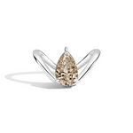 A pear-cut diamond ring set in a polished silver band, photographed on a clean white background with a soft shadow.
