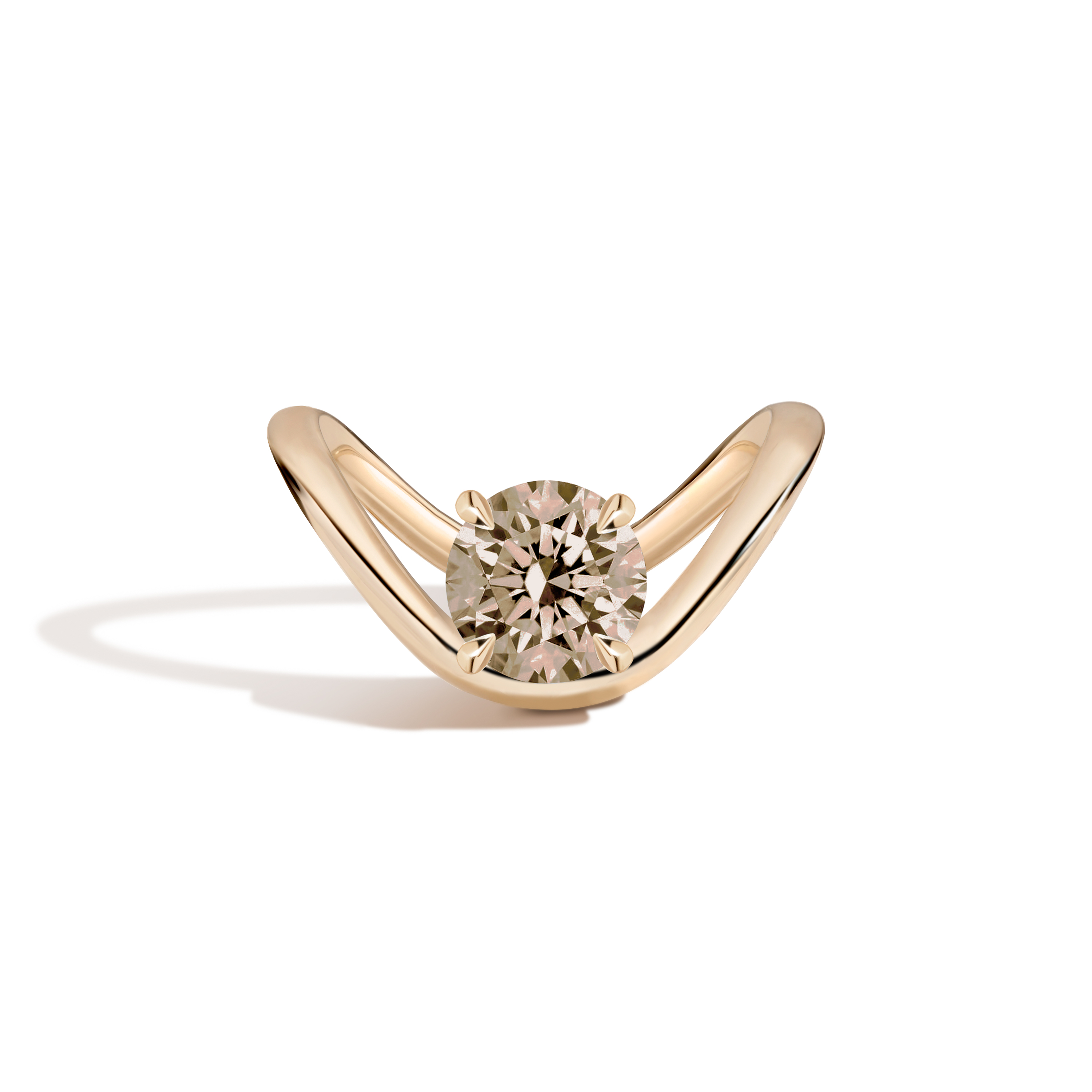 A yellow gold curved ring with a round brilliant-cut diamond center stone, shown on a clean white background with a soft shadow.