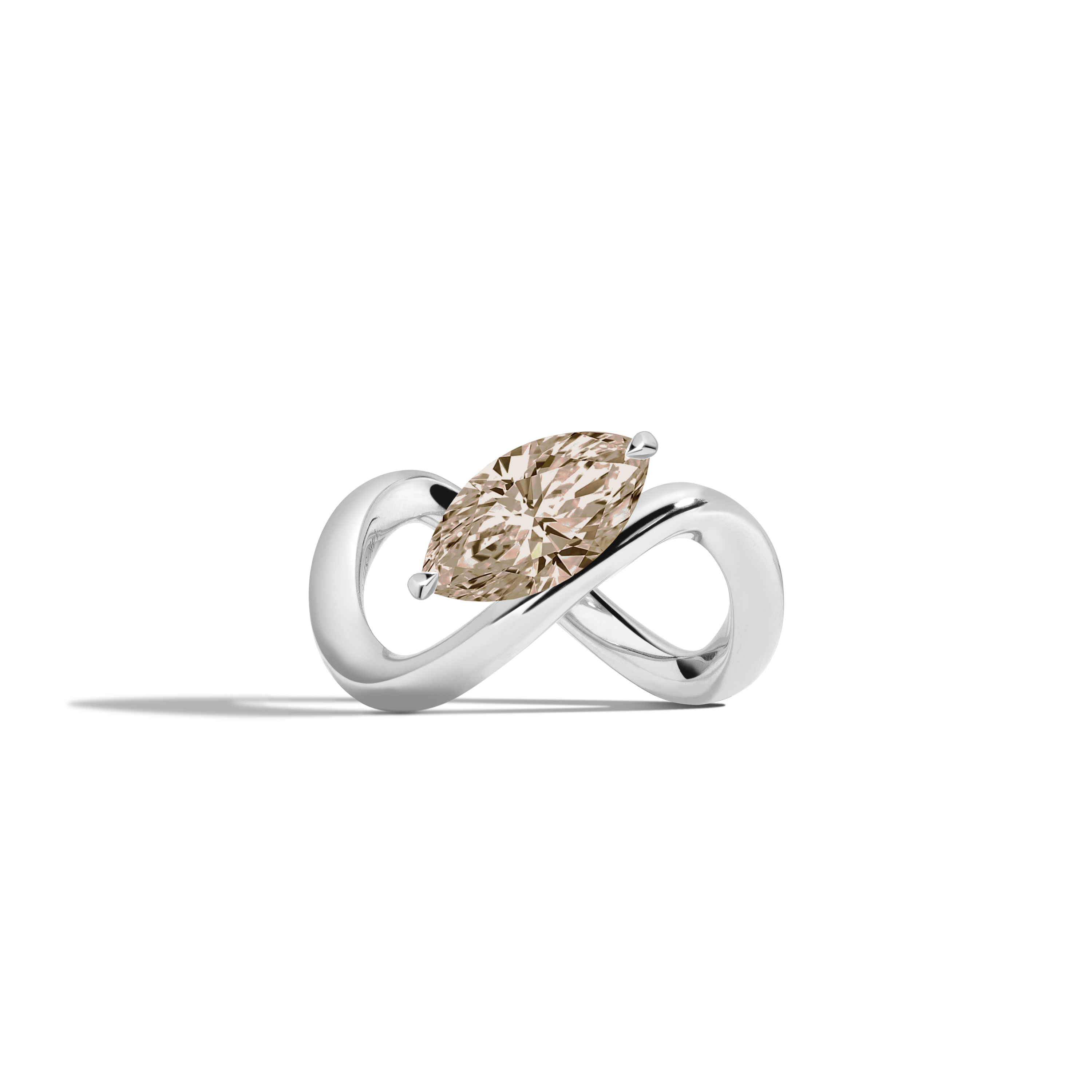A white gold infinity-shaped ring featuring a tilted marquise champagne diamond center stone, set against a clean white background with a soft shadow.