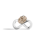 A white gold infinity-shaped ring featuring a tilted oval champagne diamond center stone, set against a clean white background with a soft shadow.