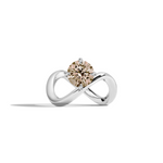 A white gold infinity-shaped ring featuring a round champagne diamond center stone, set against a clean white background with a soft shadow.