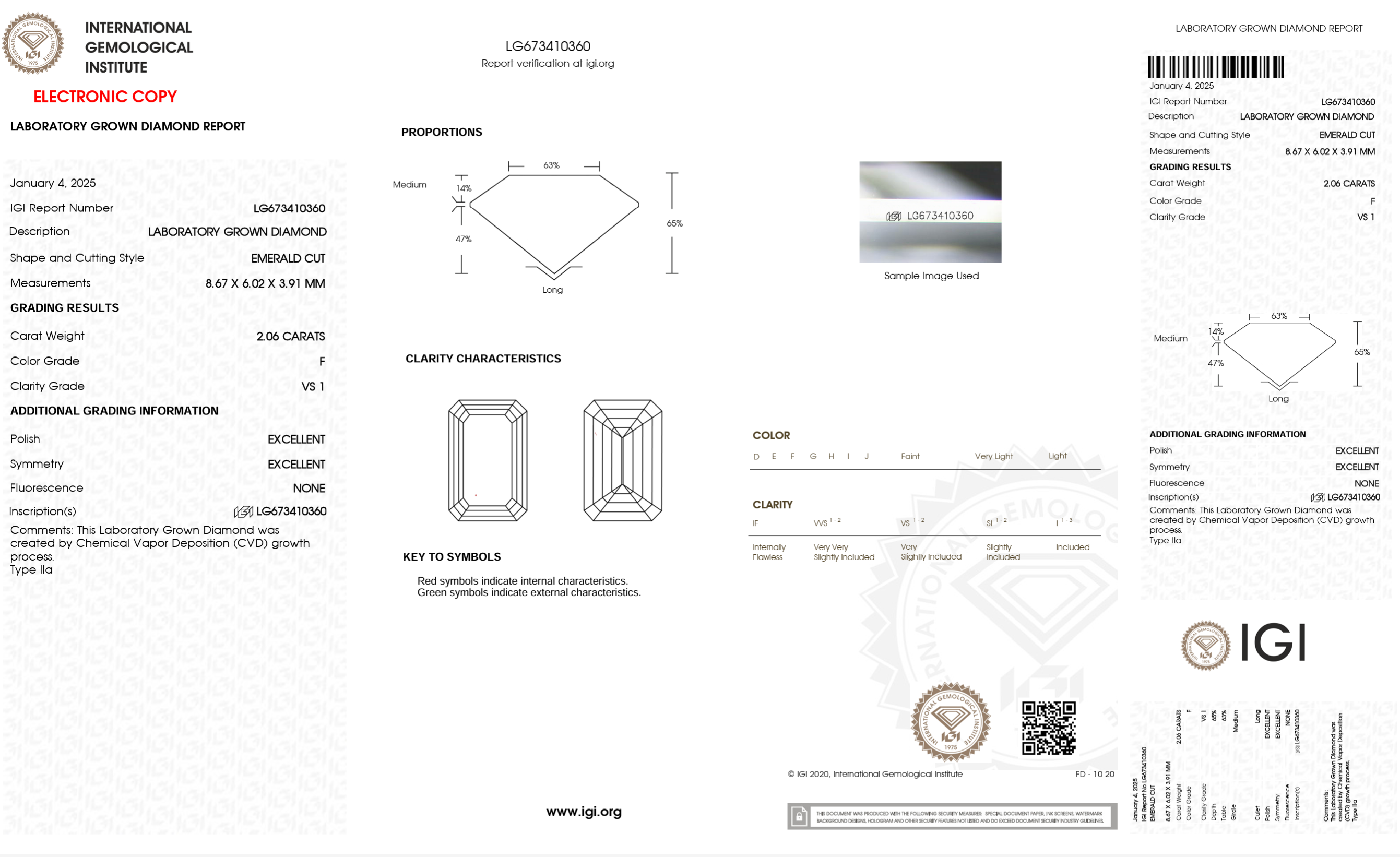 A flat, front-facing scan of an IGI gemstone certificate and grading report for a laboratory grown diamond, showing technical specifications, dimensions, clarity characteristics, and branding.