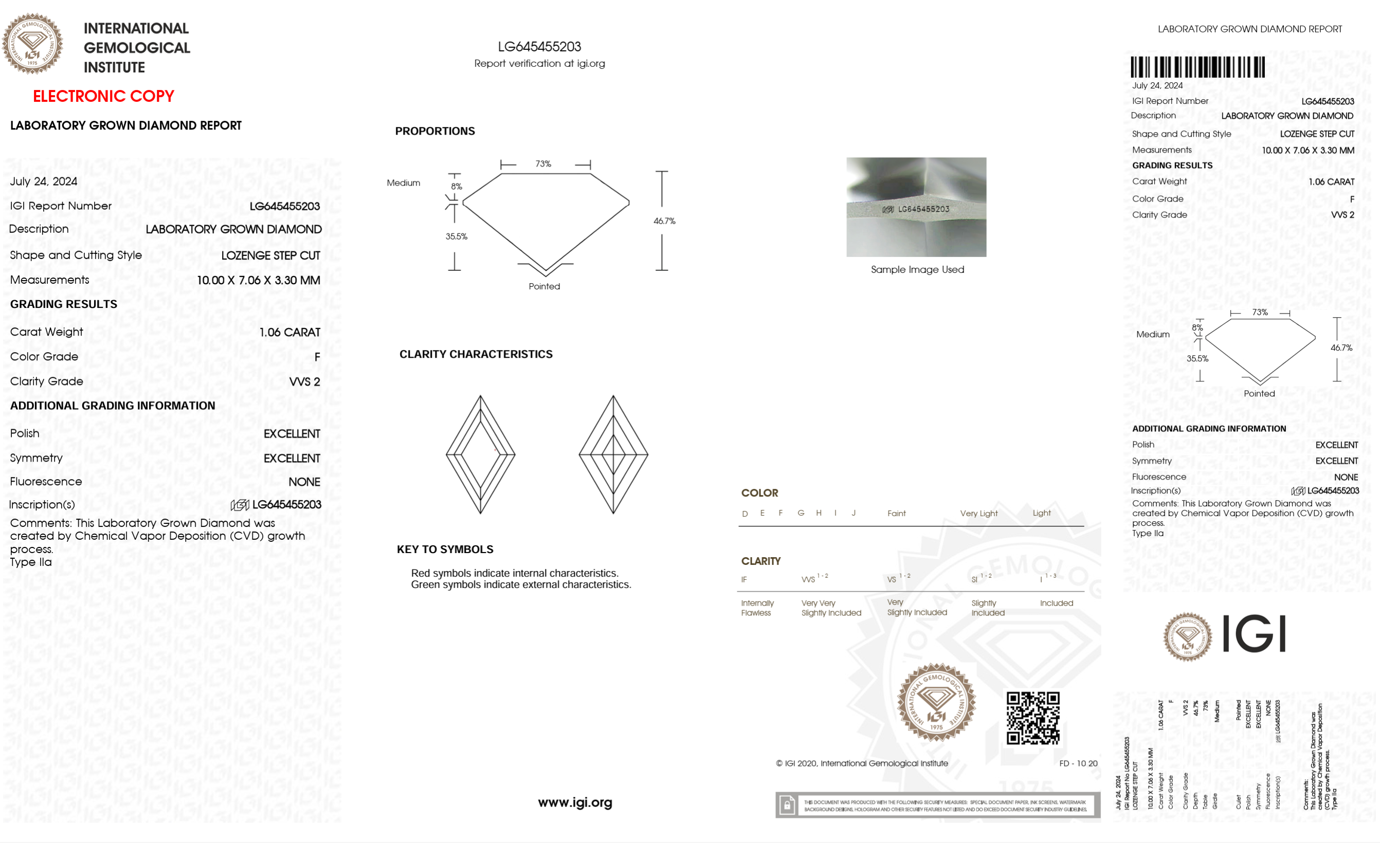 A technical specification and grading report sheet for a Labdarose 6.01 carat diamond, featuring diamond shape diagrams, grading metrics, a color wheel, and certification details from the International Gemological Institute (IGI).