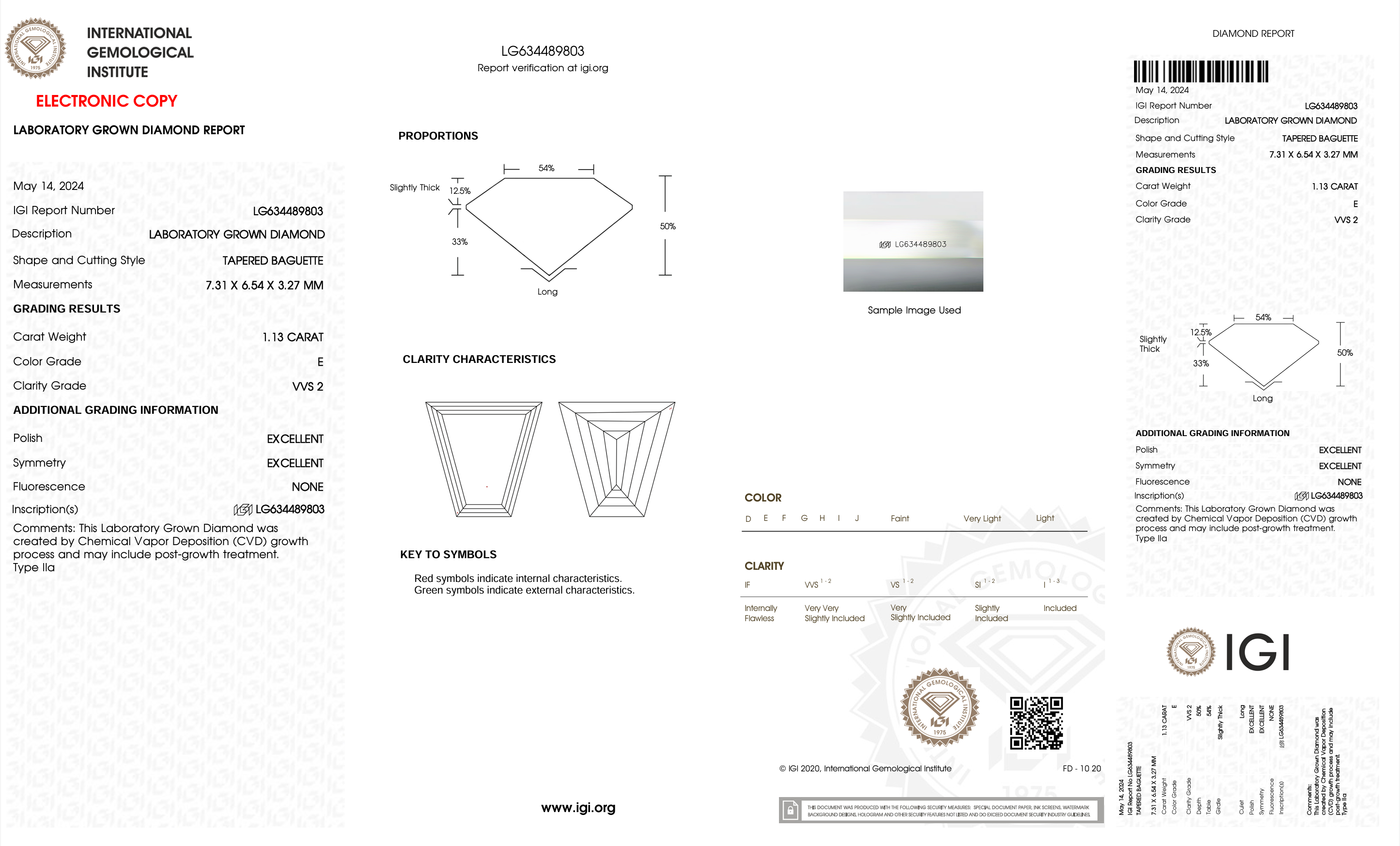 Diamond certification report with IGI logo on a white background