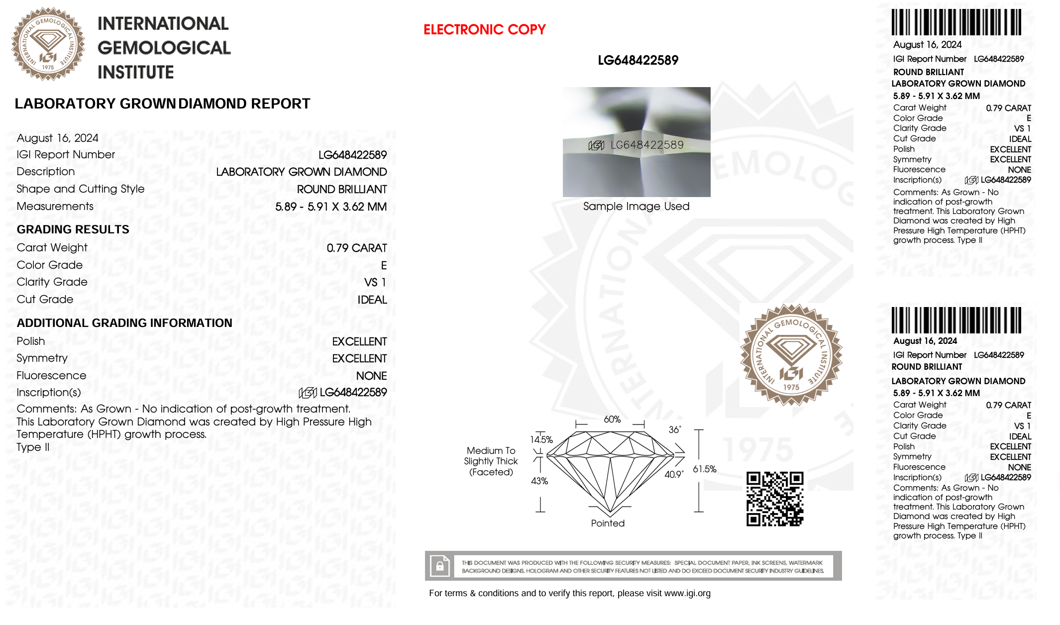 IGI certification for lab grown diamond on white background