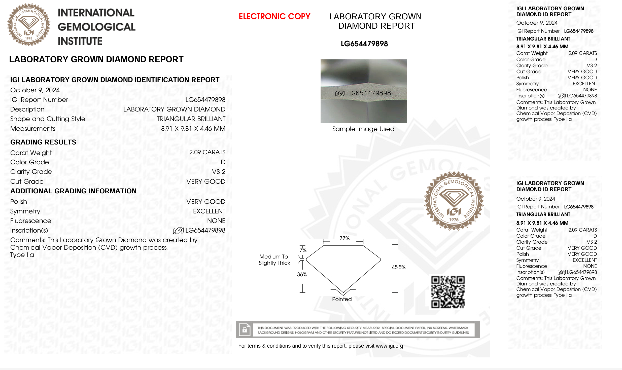 IGI certification for lab grown diamond on white background