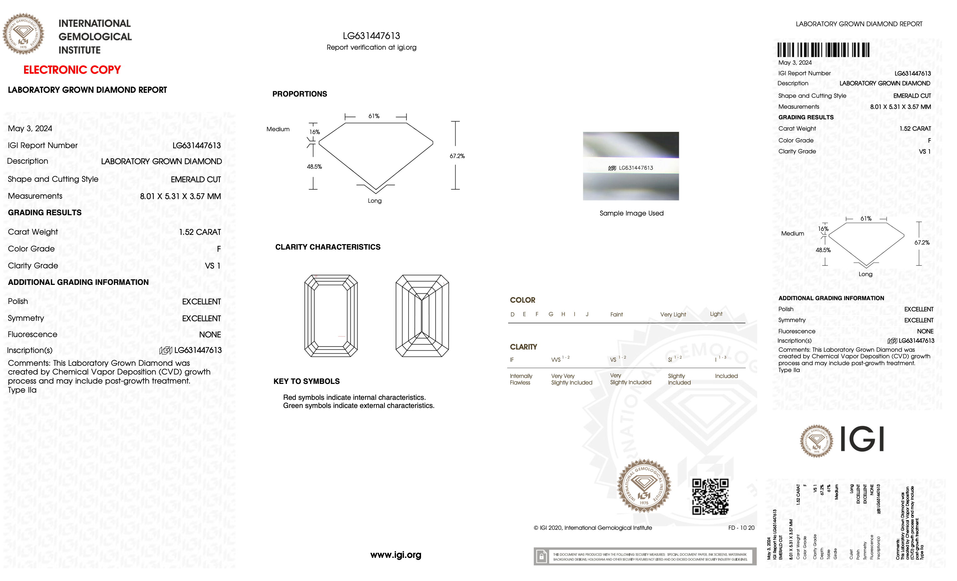 Diamond certification report with IGI logo on a white background