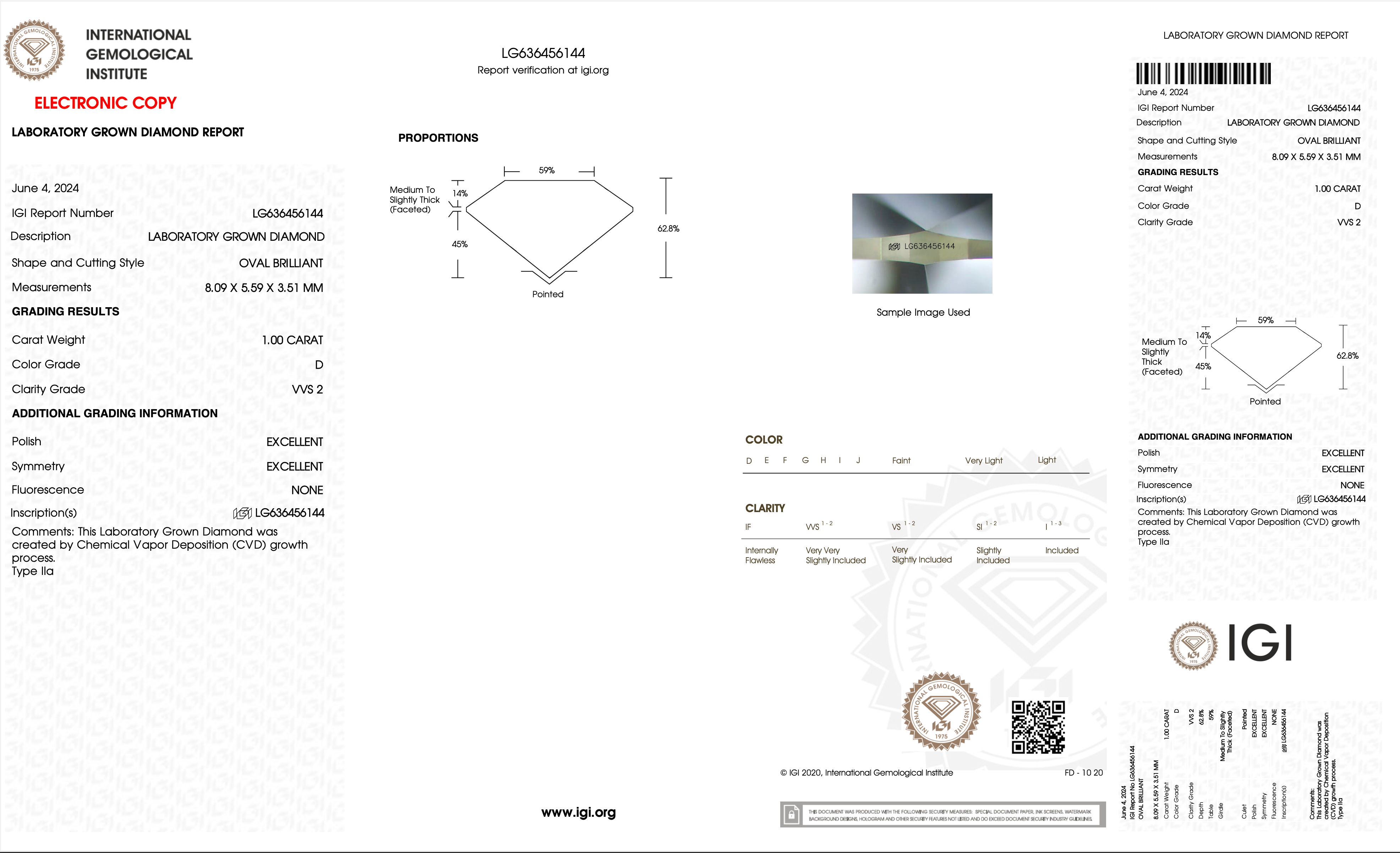 Diamond certification report with IGI logo on a white background