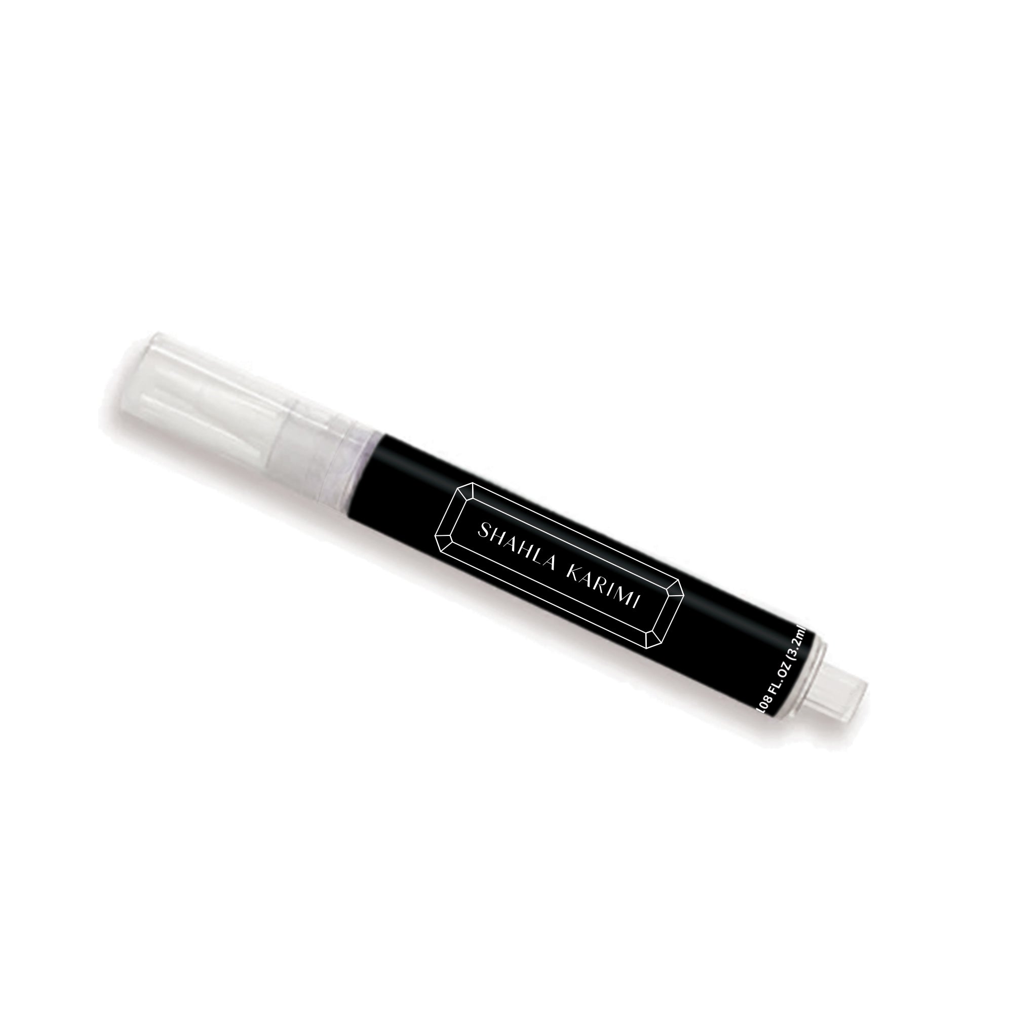 A pen-like jewelry cleaner with a black body and white cap, labeled 'Shahla Karimi'