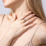 Shahla Karimi Jewelry Mid-Century Kahn Emerald Ring w/Cigar Band 14/18K Yellow Gold on Model