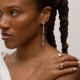 Close-up person wearing yellow gold Azadi Shoulder Dusters and two rings