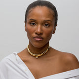 Person wearing 14k yellow gold and pear-cut diamond choker