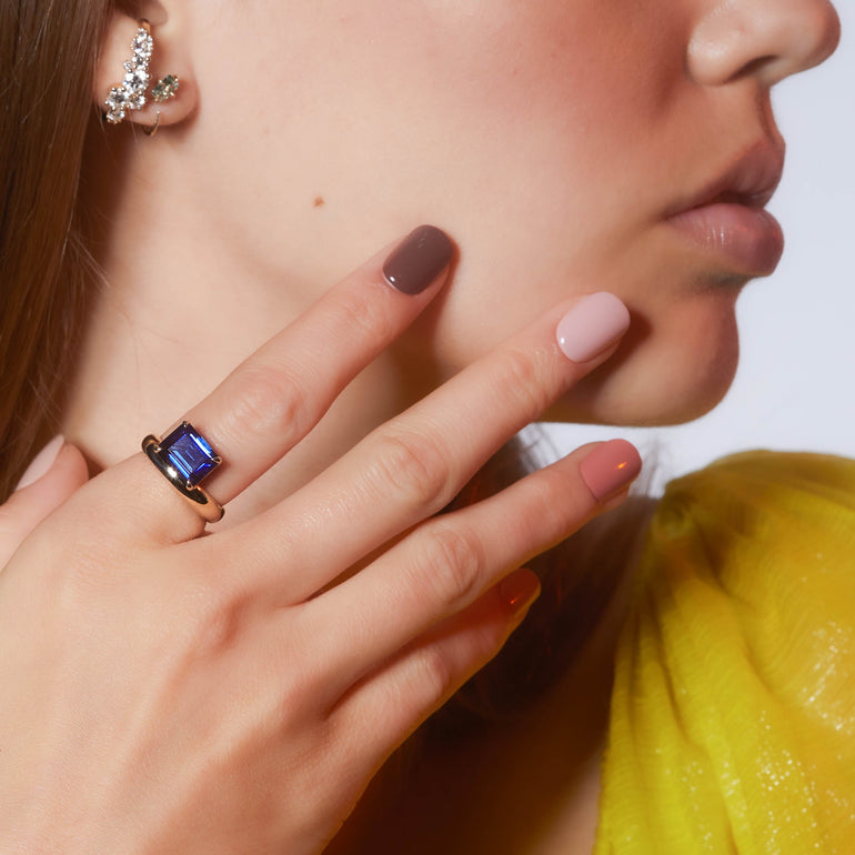Shahla Karimi Jewelry Wright Emerald-Cut Diamond Offset Donut Ring 14/18K Yellow Gold on Model
