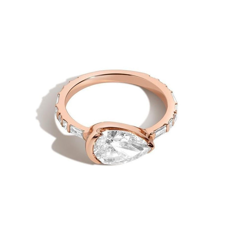 Shahla Karimi Jewelry Diamond Foundry Deco Pear East-West Ring 14K Rose Gold and White Diamonds