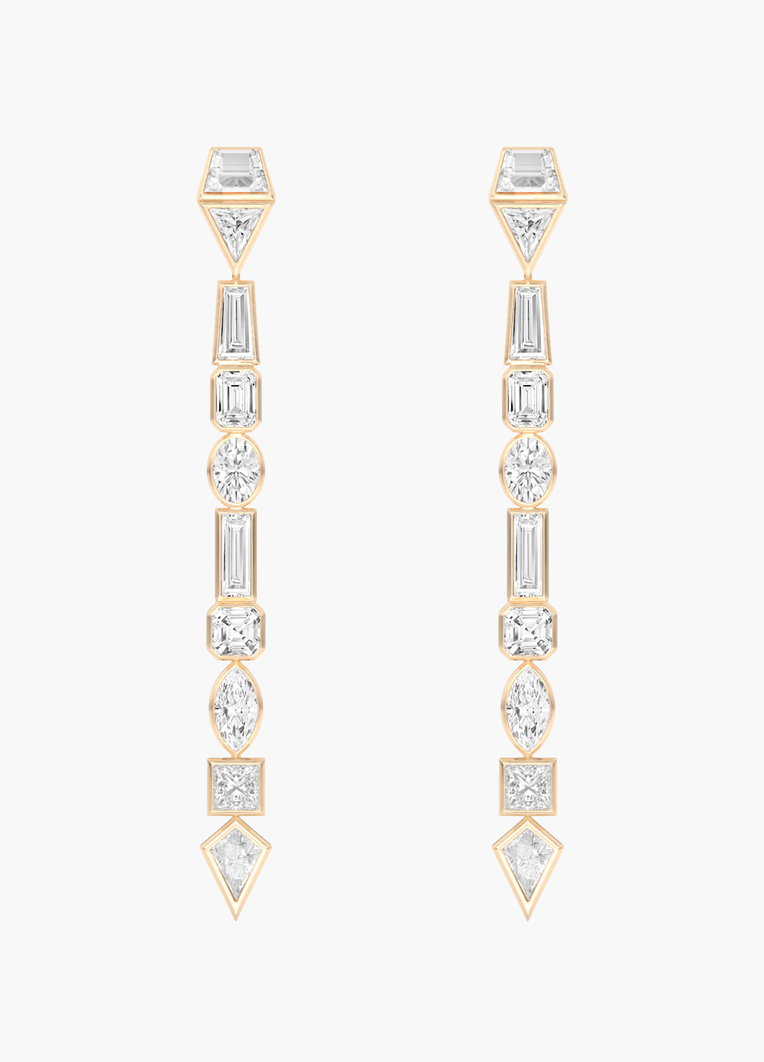 Long diamond earrings with yellow gold on a white background