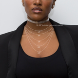 Person wearing necklaces with corresponding lengths, 12-13'', 14'', 16'', 18'', 20'', 22''