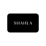 A digital gift card with the brand name 'SHAHLA' displayed in white text on a black background.