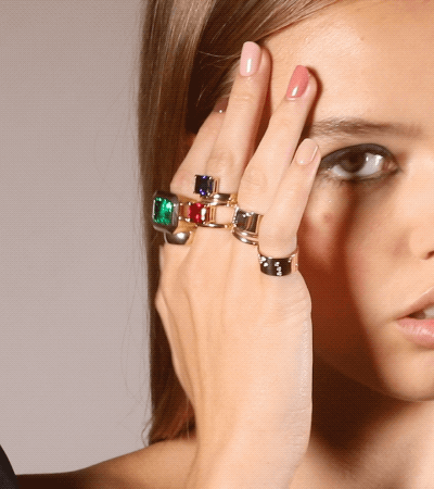 Shahla Karimi Jewelry Wright Emerald Cut Sapphire Offset Donut Ring 14/18K Yellow Gold on Model GIF