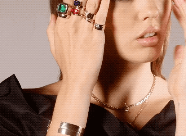 Shahla Karimi Jewelry Emerald Gap Band w/ Baguettes 14K Yellow Gold on Model GIF