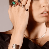 Shahla Karimi Jewelry Necklace, Bracelets and Rings 14K Gold with Diamonds and Gem Stones on Model GIF