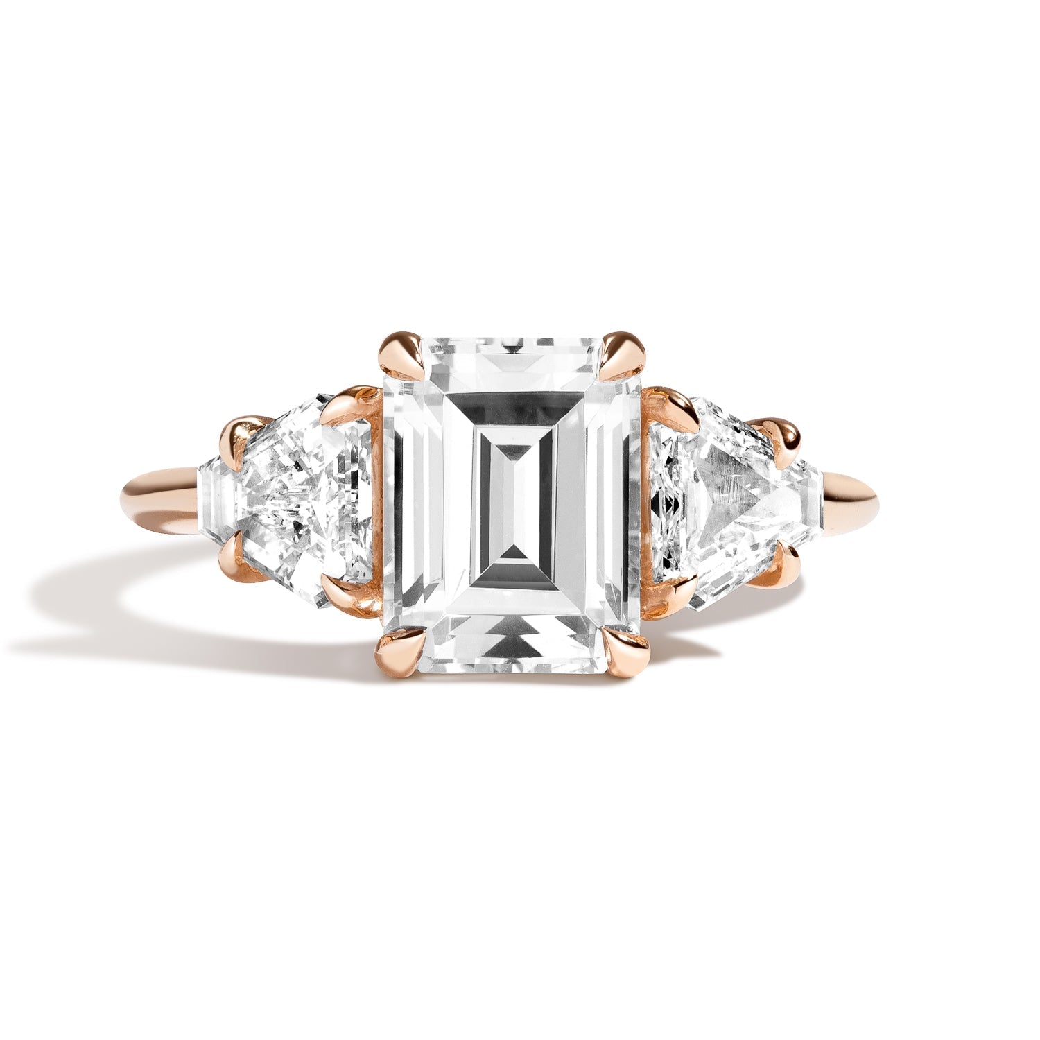 Shahla Karimi Jewelry 3-Stone Emerald + Cut-Corner Triangle Ring in 14K Rose Gold