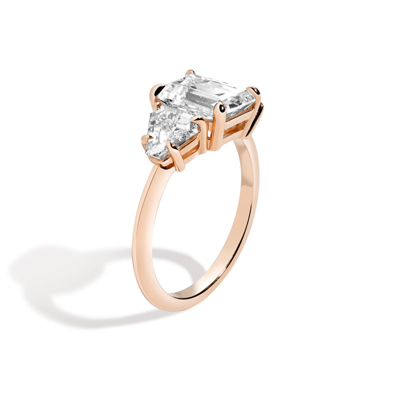 Shahla Karimi Jewelry 3-Stone Emerald + Cut-Corner Triangle Ring in 14K Rose Gold Side View