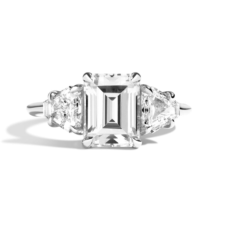 Shahla Karimi Jewelry 3-Stone Emerald + Cut-Corner Triangle Ring in 14K White Gold or Platinum