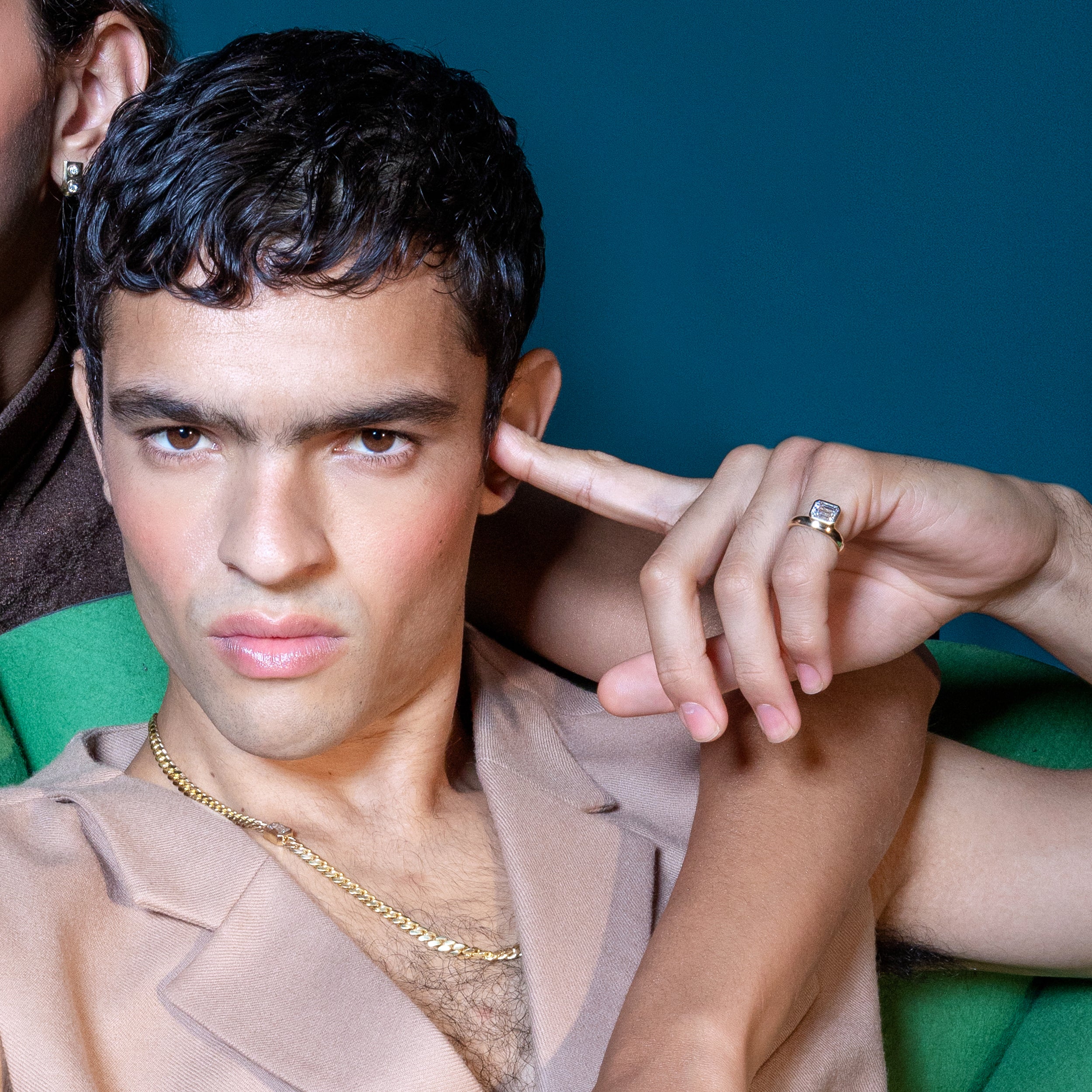 Shahla Karimi Aether X Shahla Emerald Wide Side Set Rivet Engagement Ring 14K Yellow Gold