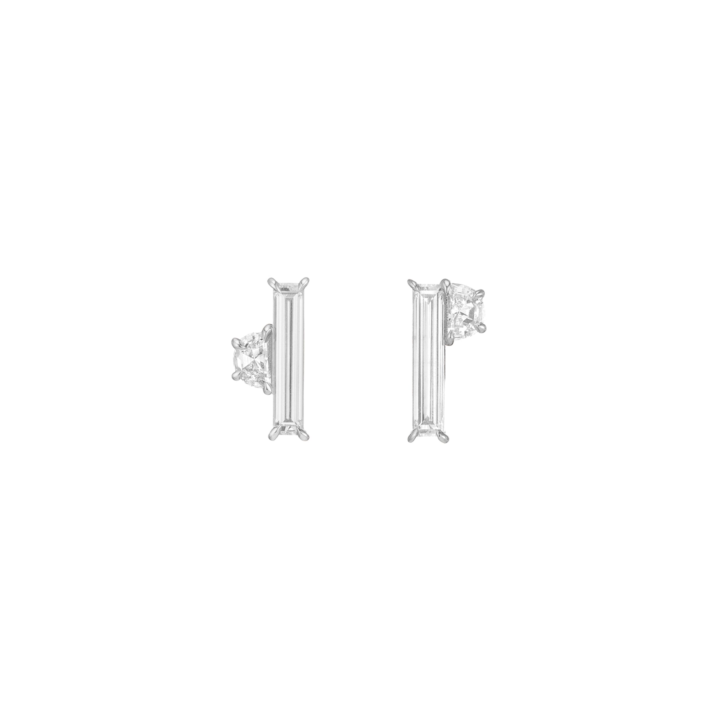 Shahla Karimi Asymmetrical Baguette + Half-Moon Earrings 14K White Gold