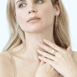 Shahla Karimi Jewelry Mid-Century Fallingwater Asymmetrical Baguette Studs 14K Yellow Gold w/ long chain on Model GIF