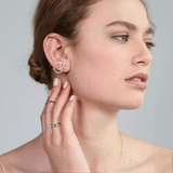 Shahla Karimi Jewelry Landmark Collection 14K Yellow Gold Chrysler Stud Earring with White Diamond Tapered Baguette on Model GIF